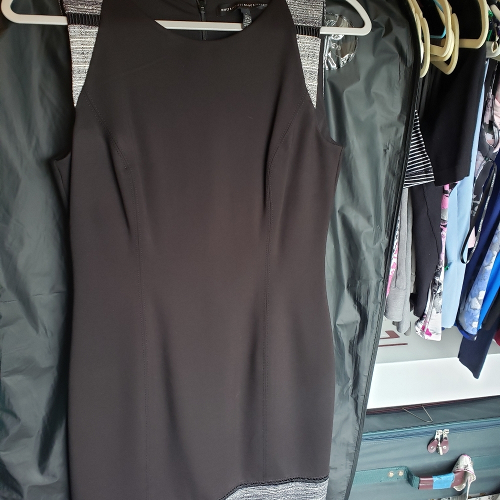 WHBM sheath dress, size 2, black with black and grey pattern shoulders and hemi.